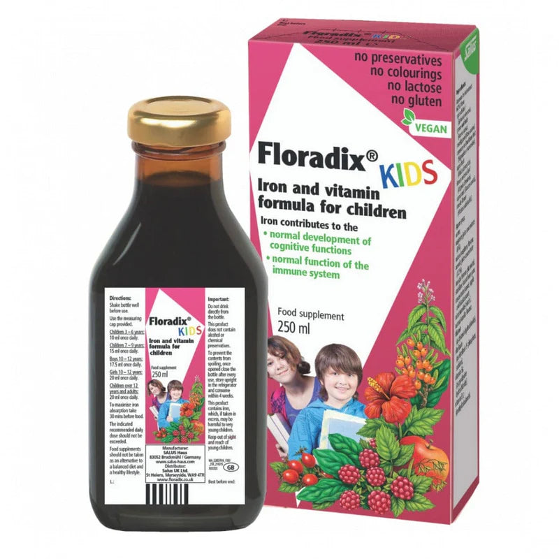 A bottle and box of Floradix Kids iron and vitamin formula for children, featuring two kids and various fruits on the packaging.