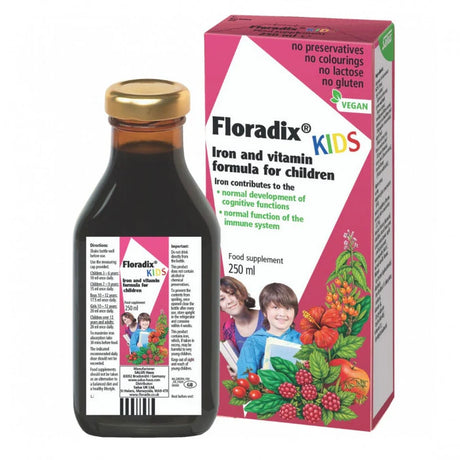A bottle and box of Floradix Kids iron and vitamin formula for children, featuring two kids and various fruits on the packaging.