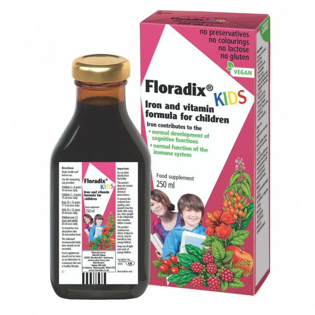 A bottle and box of Floradix Kids iron and vitamin formula for children, featuring two kids and various fruits on the packaging.