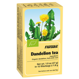 A yellow box of Floradix Dandelion tea featuring an illustration of yellow dandelion flowers and green leaves, containing 15 organic filter bags.