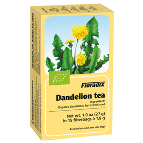 A yellow box of Floradix Dandelion tea featuring an illustration of yellow dandelion flowers and green leaves, containing 15 organic filter bags.