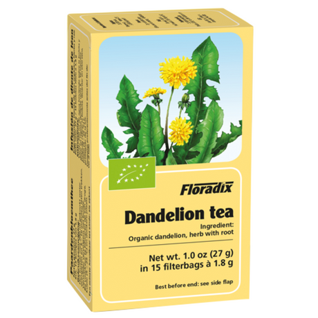A yellow box of Floradix Dandelion tea featuring an illustration of yellow dandelion flowers and green leaves, containing 15 organic filter bags.