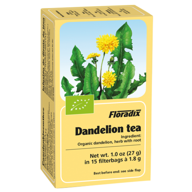 A yellow box of Floradix Dandelion tea featuring an illustration of yellow dandelion flowers and green leaves, containing 15 organic filter bags.