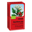 A red box of Floradix Hawthorn Tea featuring an illustration of white flowers and red berries, containing 15 organic filter bags.