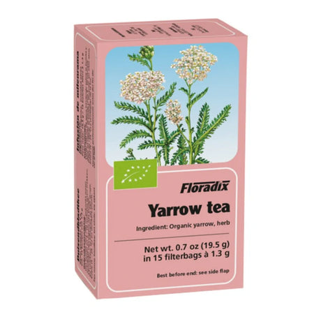 A pink box of Floradix Yarrow Tea featuring an illustration of white yarrow flowers, containing 15 organic filter bags.