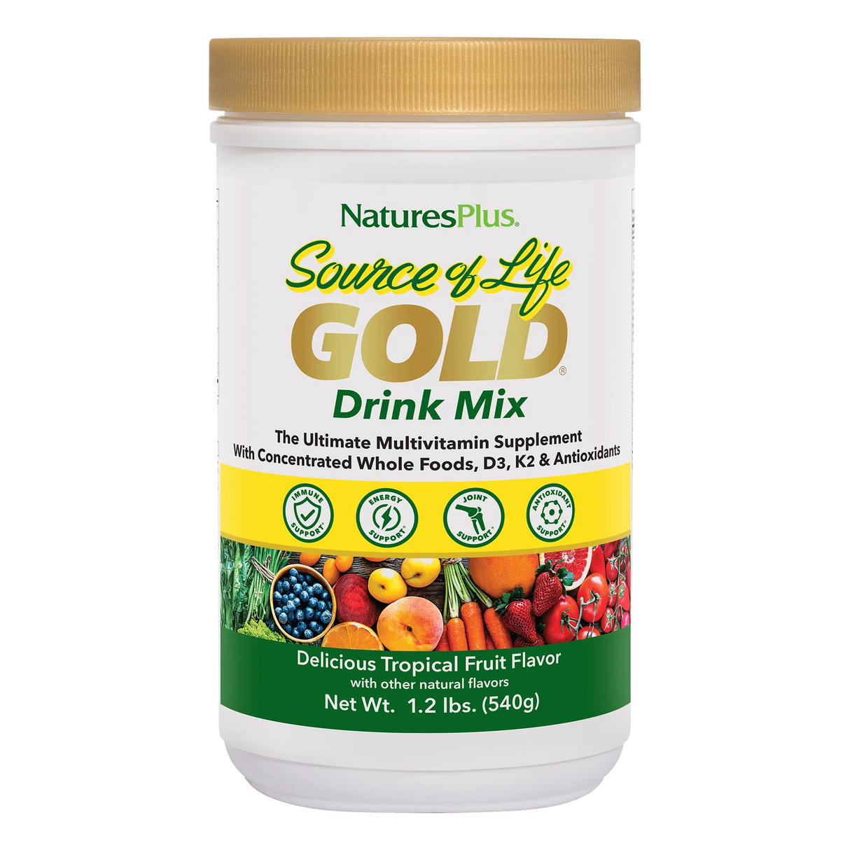 NaturesPlus Source of Life Gold Drink Mix 1.2 lbs multivitamin powder in delicious tropical fruit flavor.