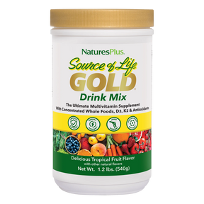 NaturesPlus Source of Life Gold Drink Mix 1.2 lbs multivitamin powder in delicious tropical fruit flavor.
