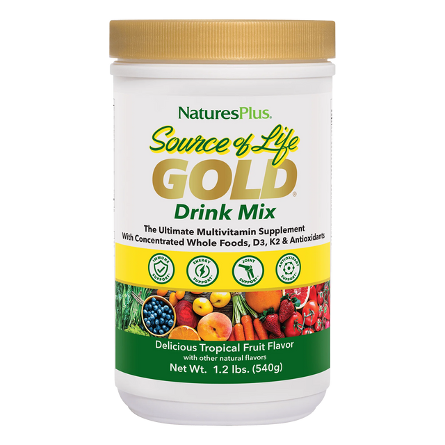 NaturesPlus Source of Life Gold Drink Mix 1.2 lbs multivitamin powder in delicious tropical fruit flavor.