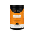 A black plastic tub of SOMEGA Clear Protein Plus food supplement with a vibrant orange and white label, set against a solid beige background.