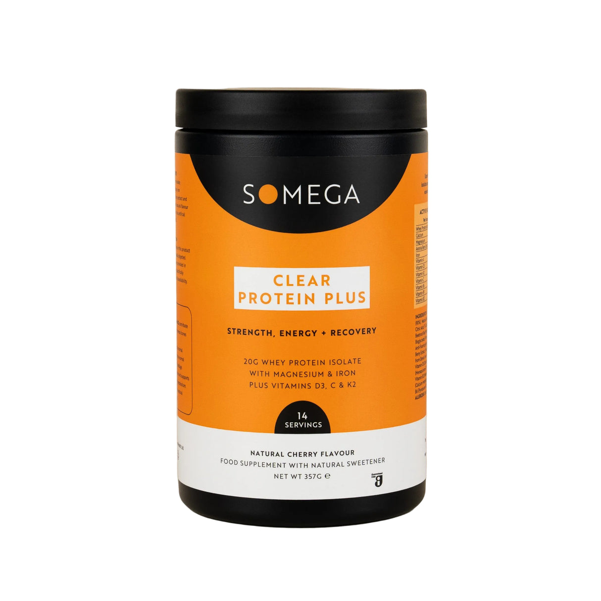 A black plastic tub of SOMEGA Clear Protein Plus food supplement with a vibrant orange and white label, set against a solid beige background.