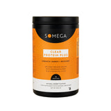 A black plastic tub of SOMEGA Clear Protein Plus food supplement with a vibrant orange and white label, set against a solid beige background.