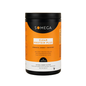 A black plastic tub of SOMEGA Clear Protein Plus food supplement with a vibrant orange and white label, set against a solid beige background.