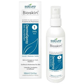 Salcura Bioskin Dermaspray Intensive for eczema and psoriasis relief natural steroid-free spray for itchy skin nourishment.