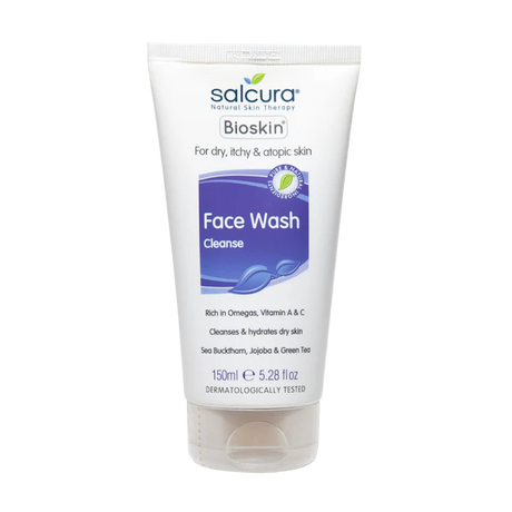 White tube of Salcura Bioskin Face Wash with purple label for dry and atopic skin.