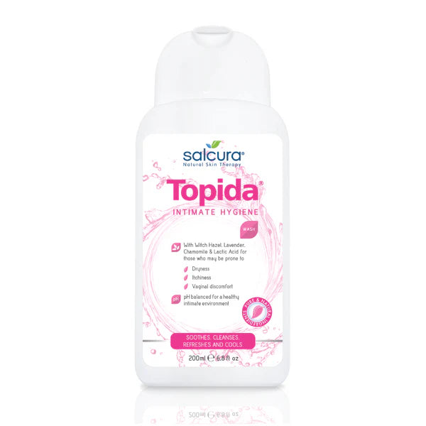 White bottle of Salcura Topida Intimate Hygiene Wash with pink labeling and accents.