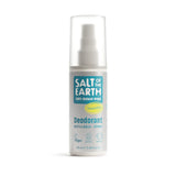 Small silver bottle of Salt of the Earth Unscented Deodorant Spray featuring a frosted clear plastic cap.