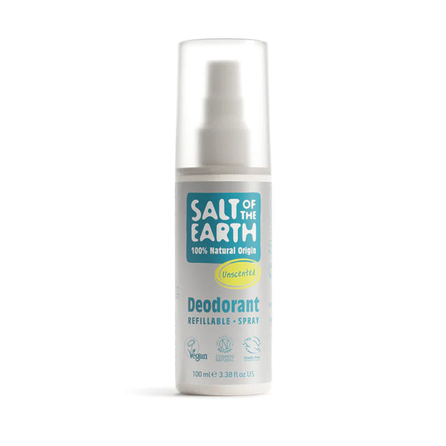 Small silver bottle of Salt of the Earth Unscented Deodorant Spray featuring a frosted clear plastic cap.
