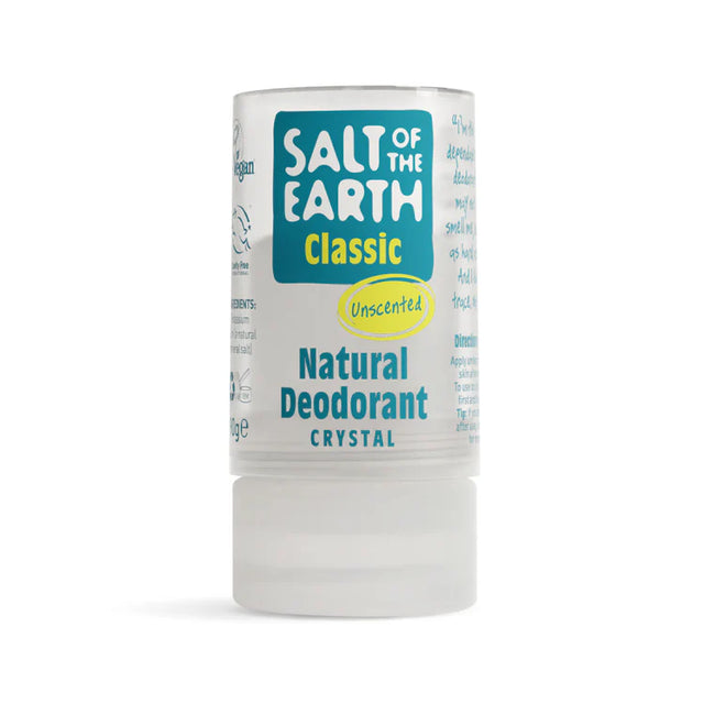 Salt of the Earth Classic Unscented Natural Crystal Deodorant stick with teal logo.