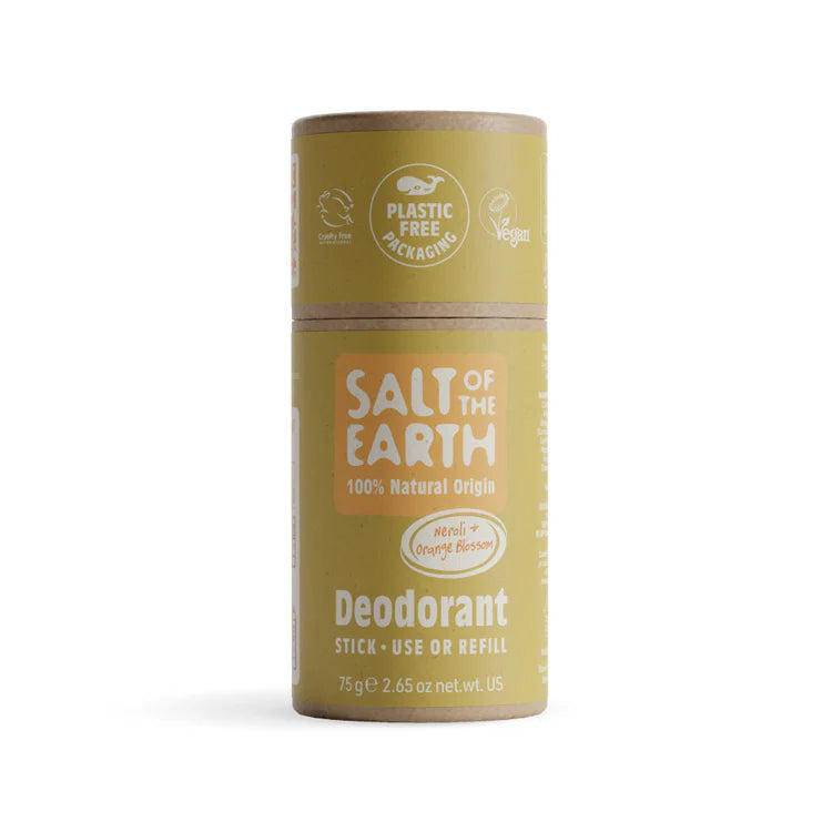 Yellow cardboard tube of Salt of the Earth Neroli and Orange Blossom Deodorant with plastic-free packaging labels.