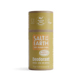 Yellow cardboard tube of Salt of the Earth Neroli and Orange Blossom Deodorant with plastic-free packaging labels.