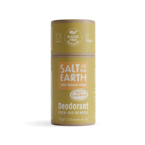 Yellow cardboard tube of Salt of the Earth Neroli and Orange Blossom Deodorant with plastic-free packaging labels.