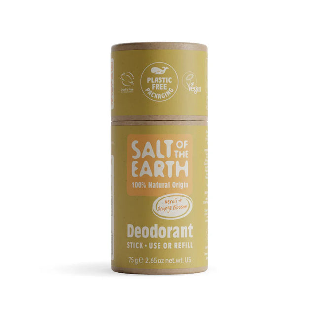 Yellow cardboard tube of Salt of the Earth Neroli and Orange Blossom Deodorant with plastic-free packaging labels.