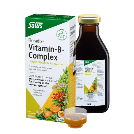 Salus Floradix Vitamin-B-Complex Liquid Vitamin Formula 250ml bottle and box with measuring cap.