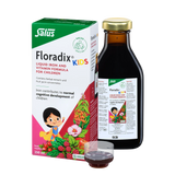 A bottle and box of Salus Floradix Kids liquid iron and vitamin formula.