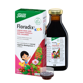 A bottle and box of Salus Floradix Kids liquid iron and vitamin formula.