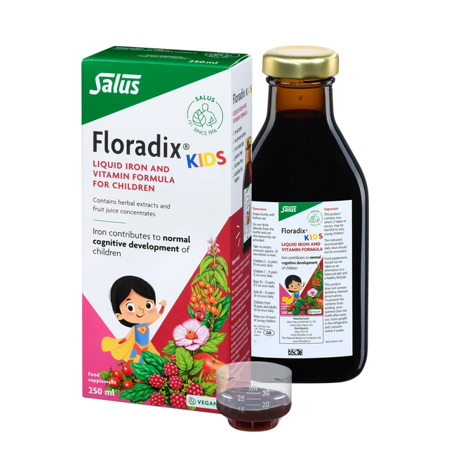 A bottle and box of Salus Floradix Kids liquid iron and vitamin formula.