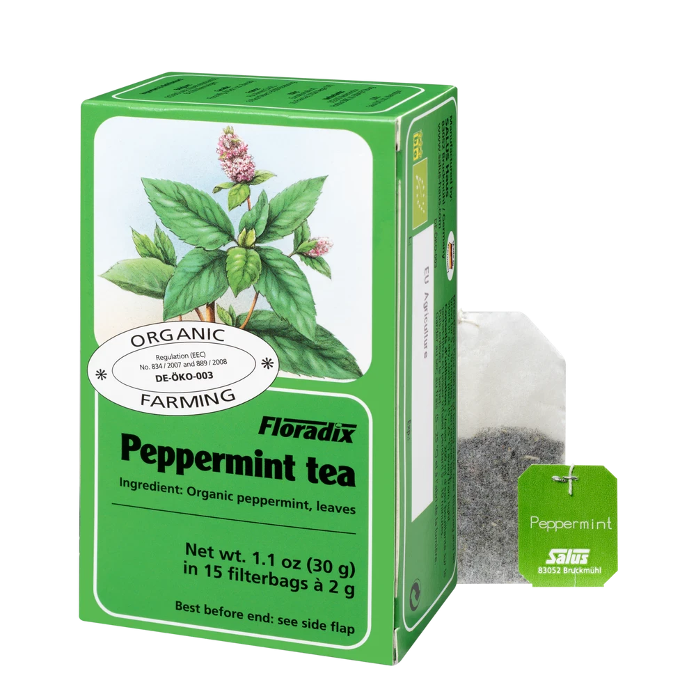 Floradix Organic Peppermint Tea box with 15 filterbags and a Salus peppermint tea bag.