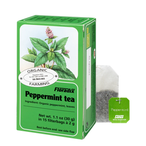 Floradix Organic Peppermint Tea box with 15 filterbags and a Salus peppermint tea bag.