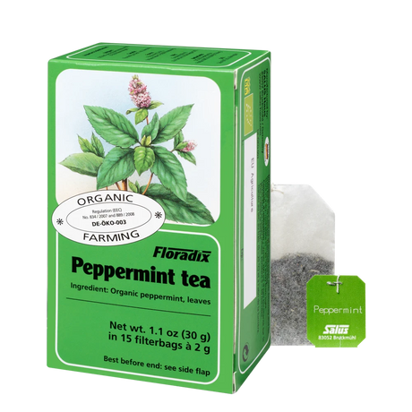 Floradix Organic Peppermint Tea box with 15 filterbags and a Salus peppermint tea bag.