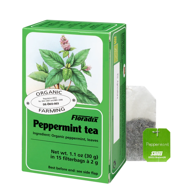 Floradix Organic Peppermint Tea box with 15 filterbags and a Salus peppermint tea bag.