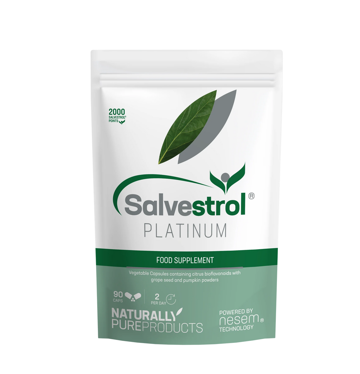 White stand-up pouch of Salvestrol Platinum food supplement featuring green leaf graphics and professional medical branding.