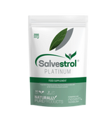 White stand-up pouch of Salvestrol Platinum food supplement featuring green leaf graphics and professional medical branding.