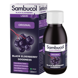 Sambucol Black Elderberry Liquid Goodness shown with its retail box and bottle on a plain white background.
