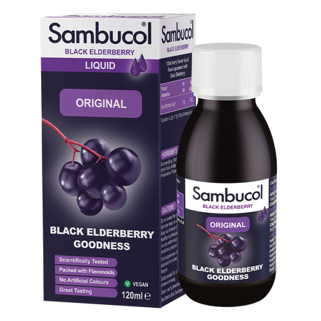 Sambucol Black Elderberry Liquid Goodness shown with its retail box and bottle on a plain white background.