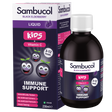 Sambucol Black Elderberry Liquid Immune Support bottle and packaging box, designed for kids aged 3-12, featuring a dark purple and pink color scheme with cartoon elderberry graphics.