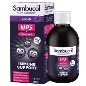 Sambucol Black Elderberry Liquid Immune Support bottle and packaging box, designed for kids aged 3-12, featuring a dark purple and pink color scheme with cartoon elderberry graphics.