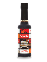 Bottle of Sanchi Tamari Soy Sauce featuring Japanese-themed art and graphics.