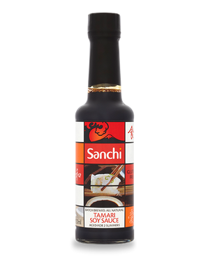 Bottle of Sanchi Tamari Soy Sauce featuring Japanese-themed art and graphics.