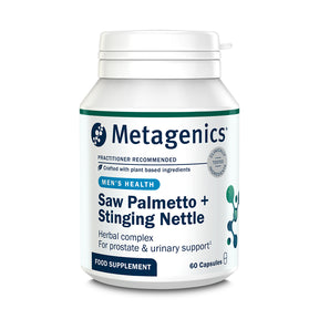 Product bottle of Metagenics Saw Palmetto + Stinging Nettle, a men's health herbal complex for prostate and urinary support, 60 capsules.