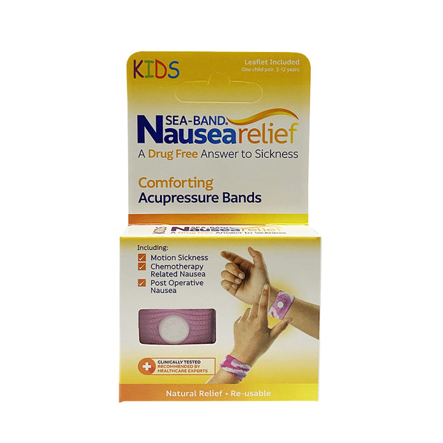 Sea-Band Kids Nausea Relief in pink, a pair of drug-free, reusable, and clinically tested acupressure bands recommended by healthcare experts to help relieve motion sickness, chemotherapy-related nausea, and post-operative nausea in children aged 3–12 years.