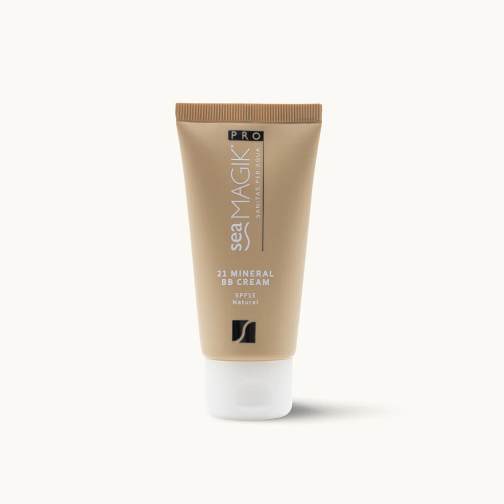 Tan tube of Sea Magik Pro 21 Mineral BB Cream with white cap.