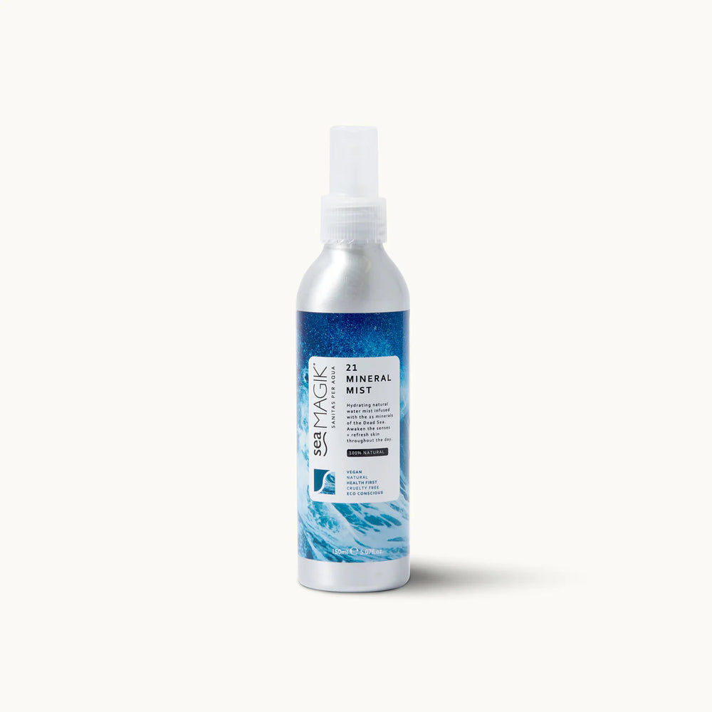 Silver spray bottle of Sea Magik 21 Mineral Mist with a blue wave label and clear cap.