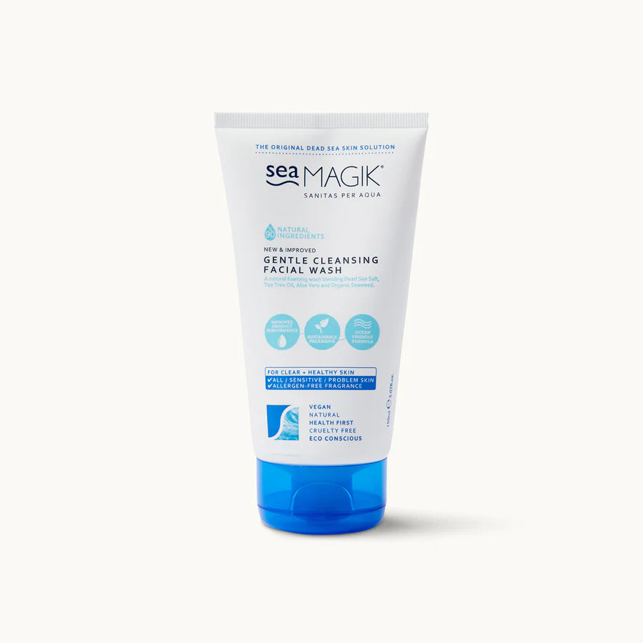 White tube of Sea Magik Gentle Cleansing Facial Wash with blue text and a blue flip-top cap.