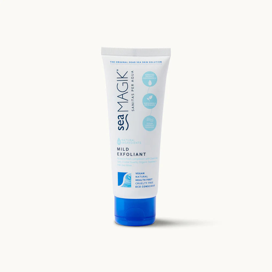White tube of Sea Magik Mild Exfoliant featuring blue branding and a vibrant blue flip-top cap.
