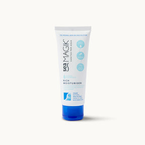 White tube of Sea Magik Rich Moisturiser featuring blue text branding and a matching blue flip-top cap.