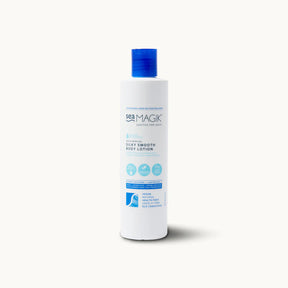 Tall white bottle of Sea Magik Silky Smooth Body Lotion with a blue dispenser cap and label.
